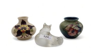 A Lalique frosted model of a cat together with two small Moorcroft pottery vases one decorated