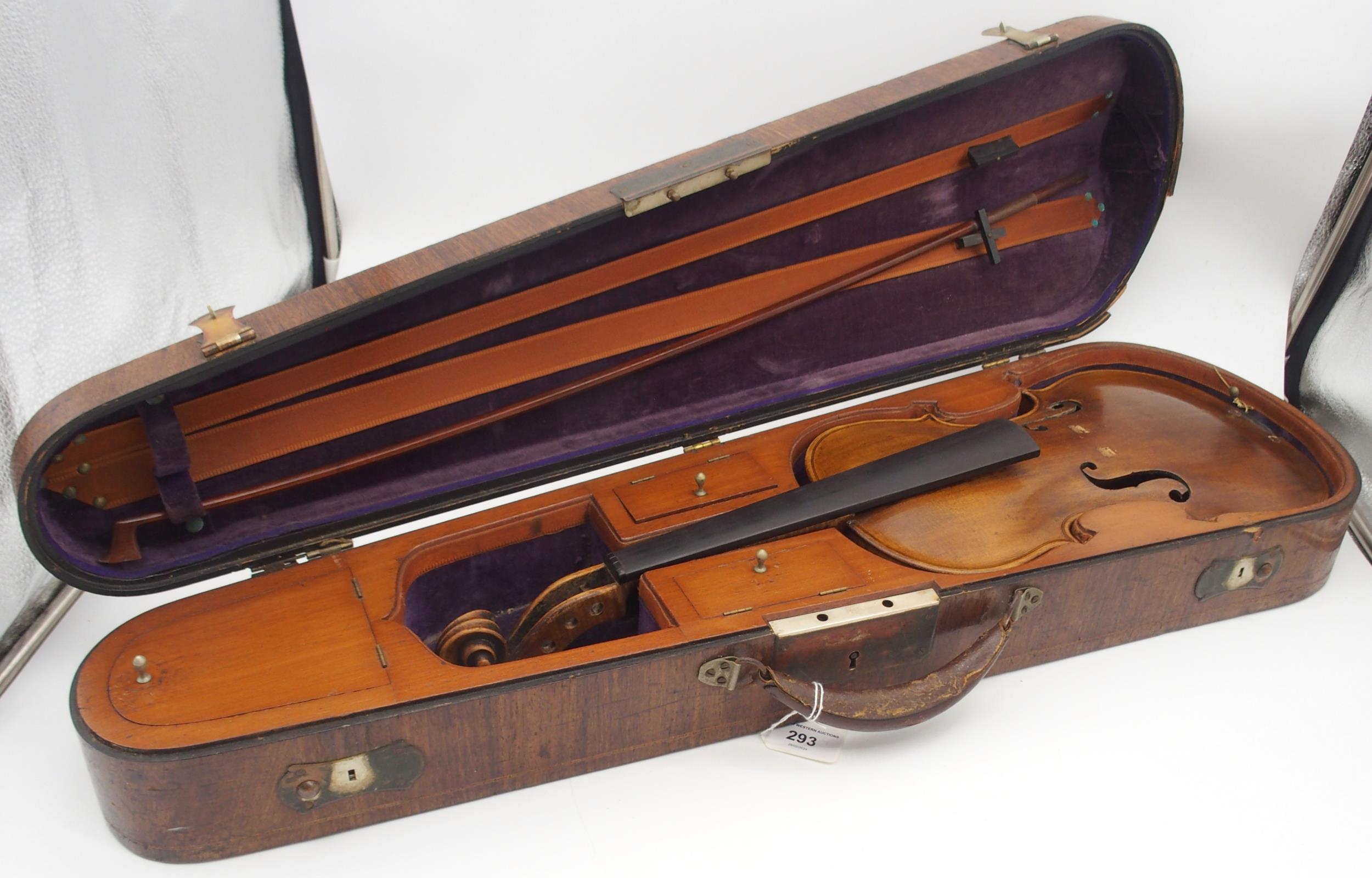 A two piece back German 35.5cm together with an inlaid compartmentalised wooden violin case possibly - Image 12 of 13