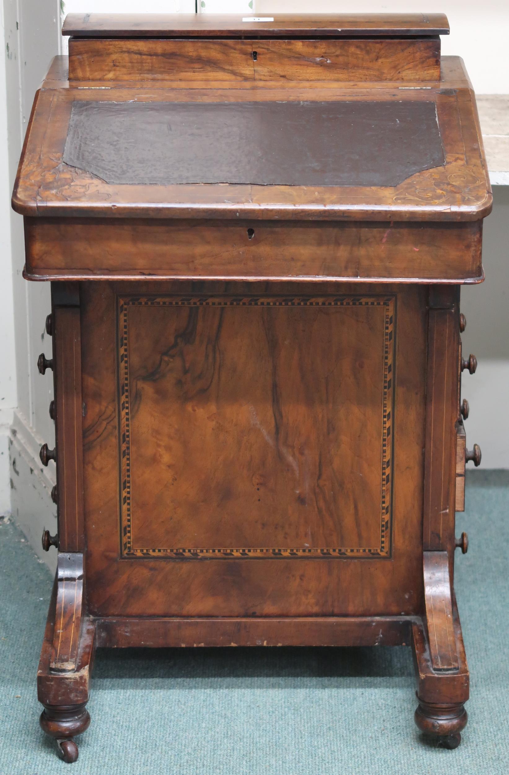 A late Victorian walnut veneered Davenport writing desk with hinged top writing compartment over - Image 2 of 2