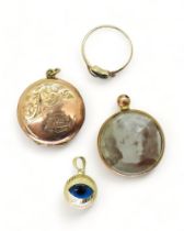 A collection of 9ct and yellow metal, a back & front locket, a photo locket (af) ring weight all