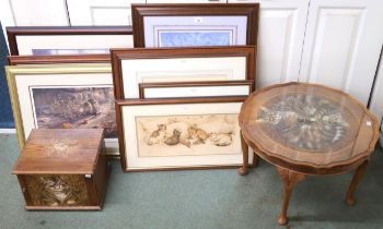 A lot comprising 20th century mahogany circular occasional table with painted top depicting cats,