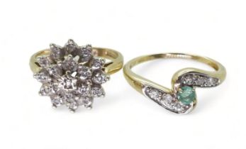 A 9ct gold emerald and diamond ring, set with estimated approx 0.10cts of brilliant cut diamonds and