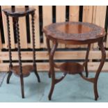 A lot comprising a 20th century stained oak two tier plant stand with trefoil top and lower tier