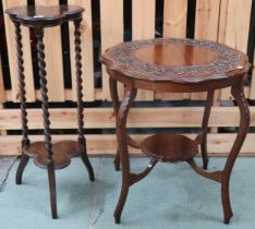 A lot comprising a 20th century stained oak two tier plant stand with trefoil top and lower tier