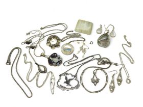 Three silver Ola Gorie items, birds pendant, a brooch and earrings, a Norwegian Solje brooch, a