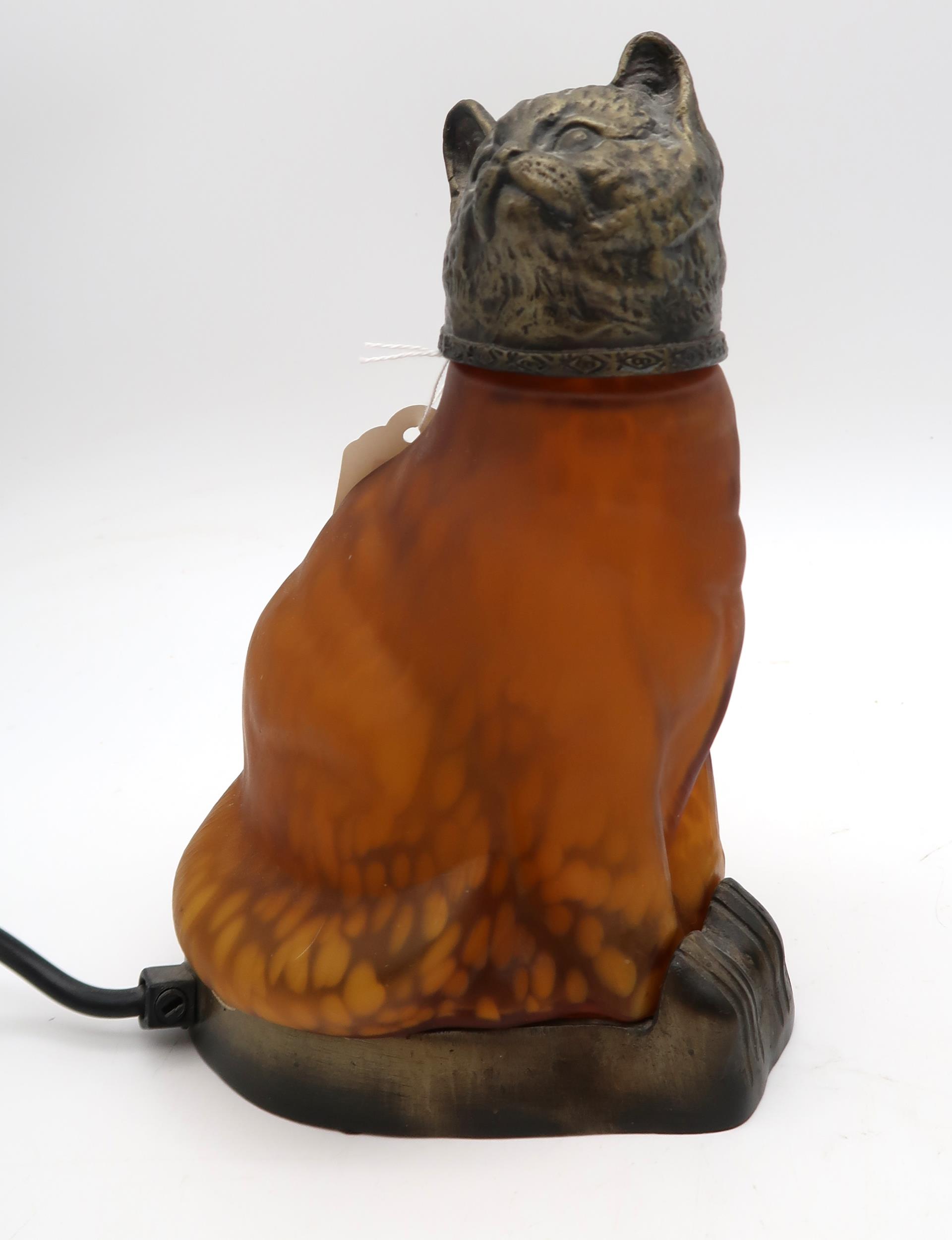 A glass and metal cat lamp with black and white mottled effect and another in amber glass - Image 2 of 2