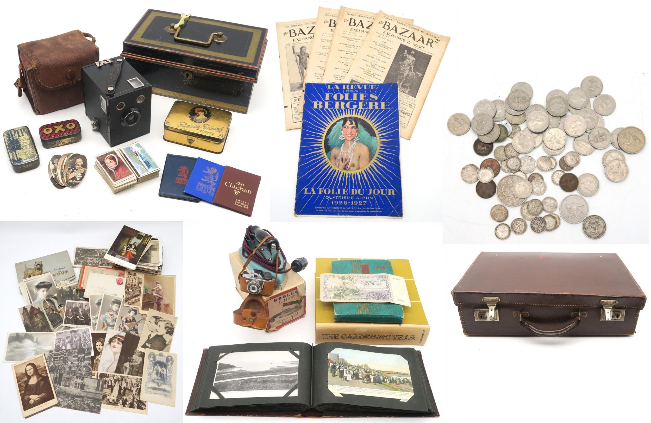 A Mixed collectables, comprising vintage tins, cigarette cards, Minetta miniature and Junior Brownie