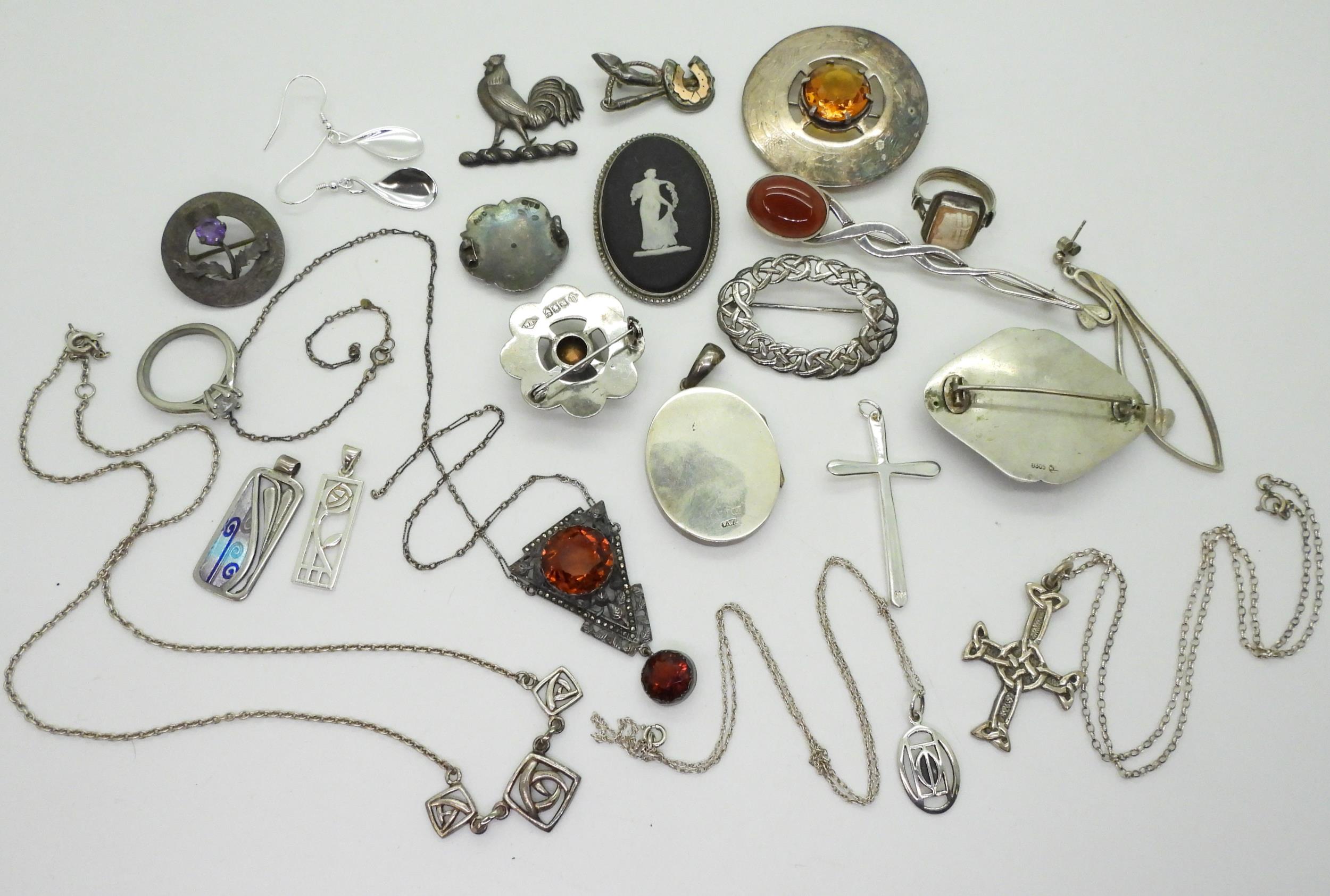 A collection of silver and costume jewellery to include, a citrine and marcasite pendant, an Ortak - Image 2 of 3