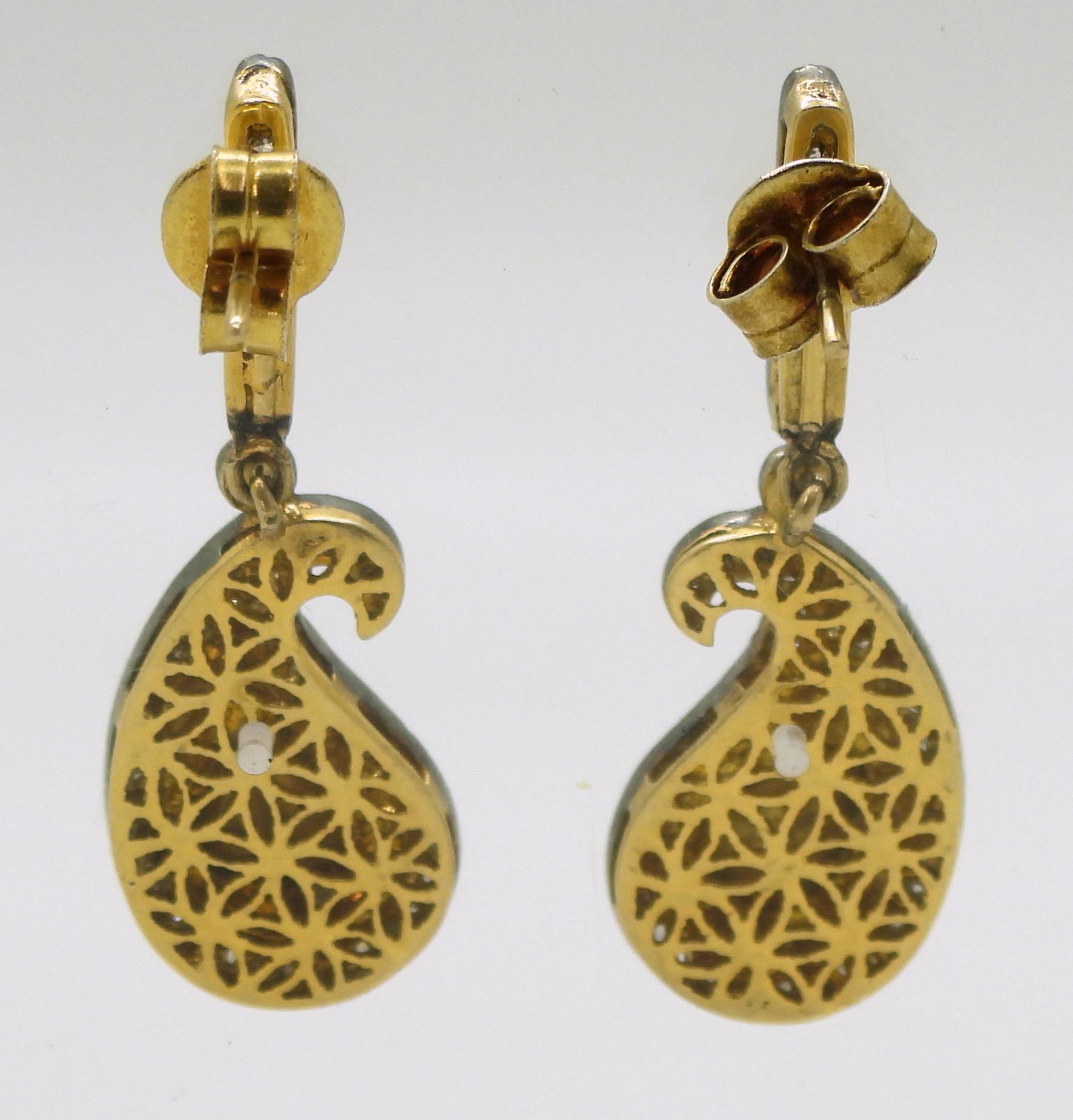 A pair of yellow and white metal paisley shaped polki and brilliant cut diamond earrings, length - Image 3 of 3