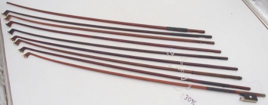 A lot comprising five part violin bows and some additional damaged examples (9) Condition Report: