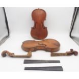 A lot comprising two part violins and a violin case, two piece back 35cm and two piece back 36cm