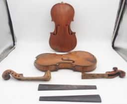 A lot comprising two part violins and a violin case, two piece back 35cm and two piece back 36cm