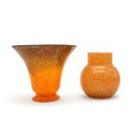 A Monart glass vase in mottled orange with flaring rim, together with another glass vase Condition