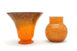 A Monart glass vase in mottled orange with flaring rim, together with another glass vase Condition