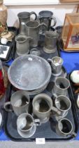 A collection of pewter tankards, two plates and a bowl etc Condition Report:No condition report