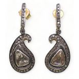 A pair of yellow and white metal paisley shaped polki and brilliant cut diamond earrings, length