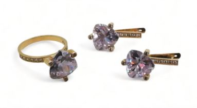 A Russian 14k gold ring and earring suite, set with purple cubic zirconia trilliant cuts, and