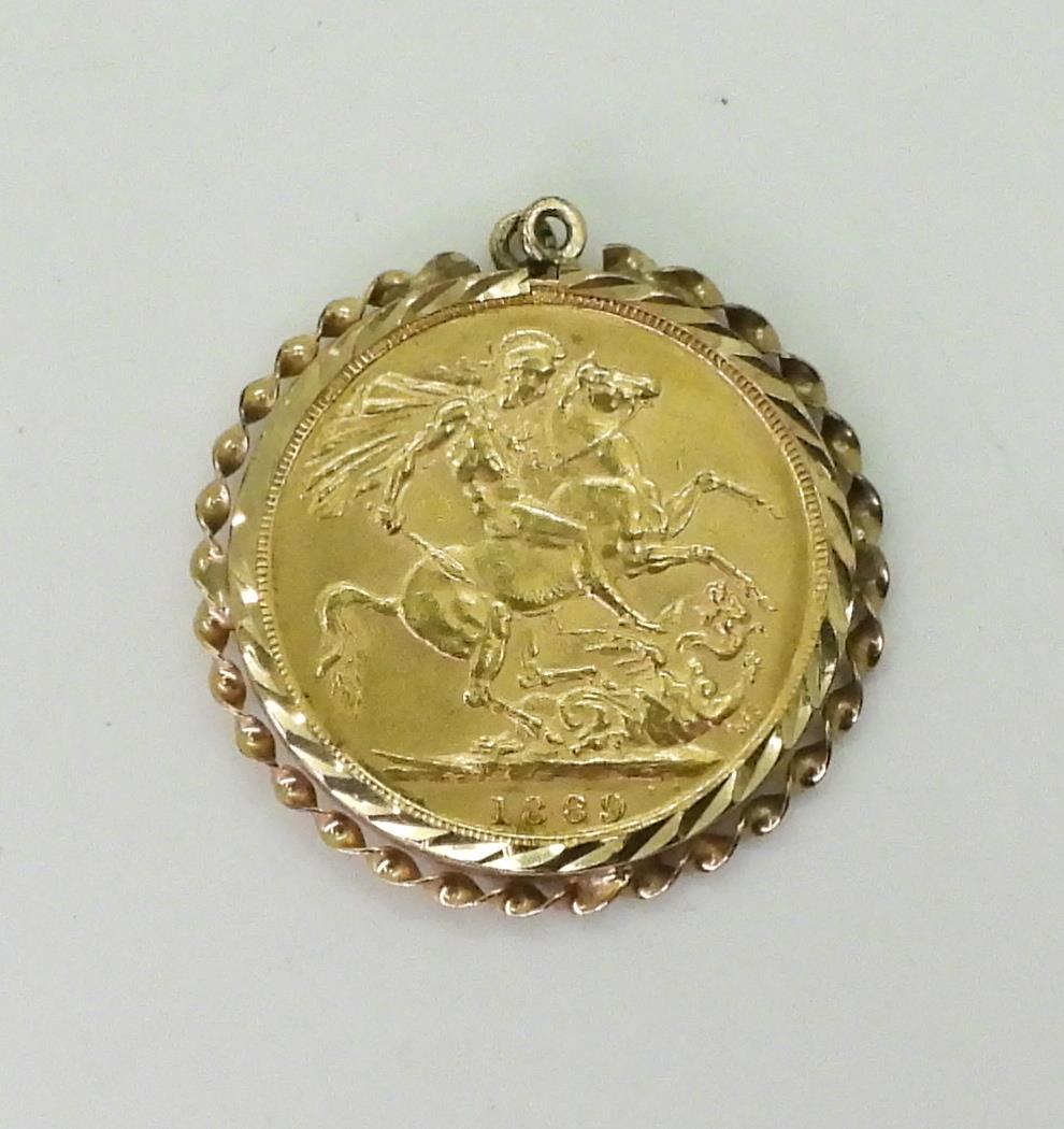 An 1889 gold full sovereign in a 9ct gold pendant mount, weigh together 8.8gms Condition Report: - Image 2 of 3