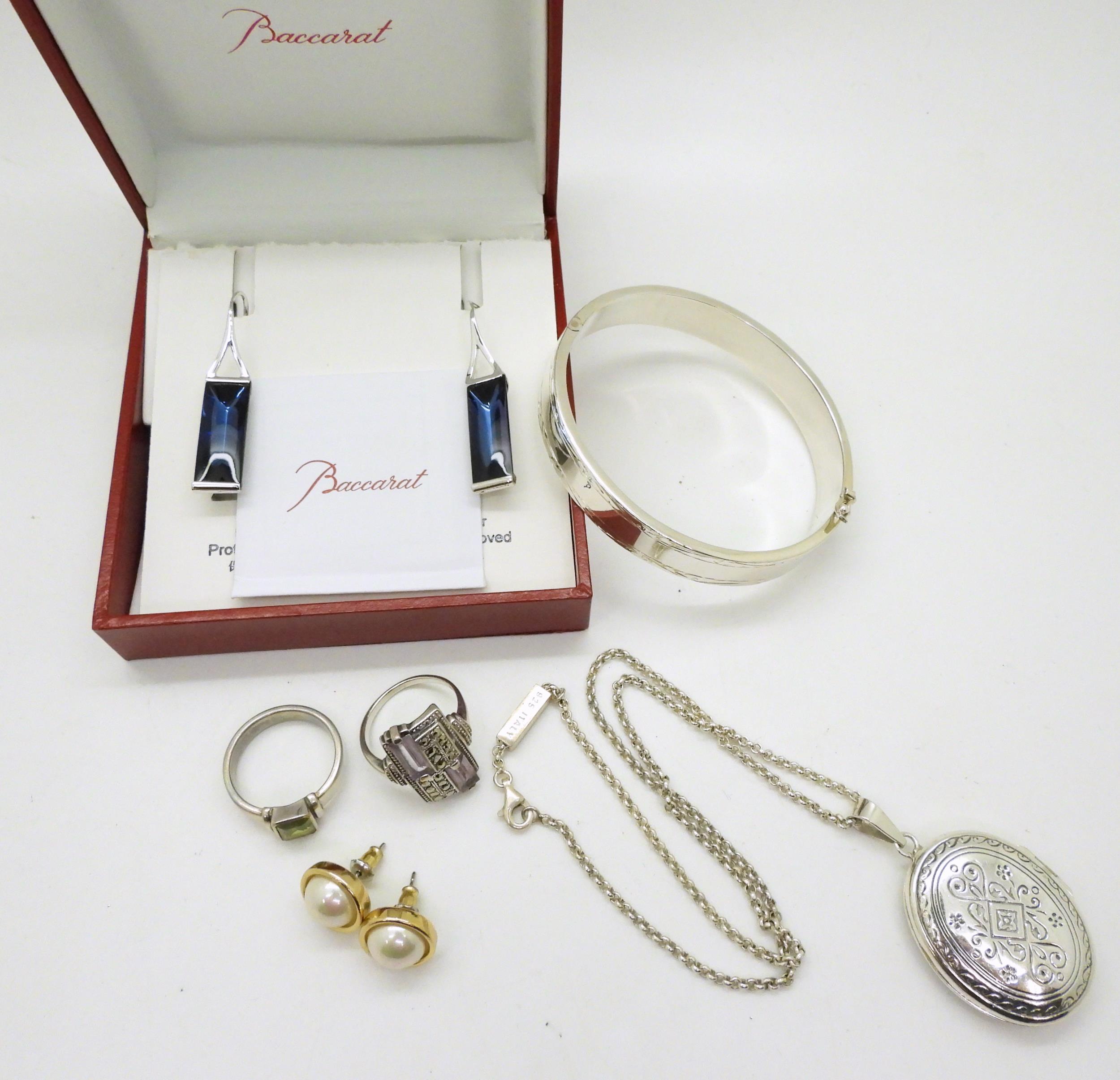 A pair of Bacarrat glass earrings, a silver bangle, locket rings etc Condition Report:No condition - Image 2 of 3