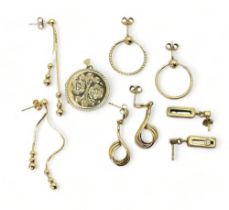 A pair of 14k ball pattern earrings, weight 3.6gms and a collection of 9ct gold and yellow metal
