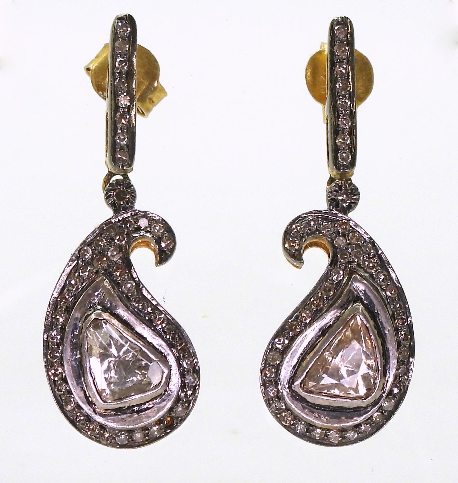 A pair of yellow and white metal paisley shaped polki and brilliant cut diamond earrings, length - Image 2 of 3