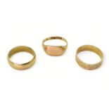 Two 9ct gold wedding rings, sizes Q1/2 and N and a signet ring, size O1/2, weight together 9.2gms