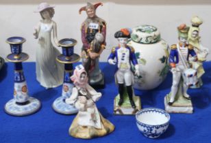 Assorted figures including a Doulton Jester, a pair of Macintyre candlesticks, a antique porcelain