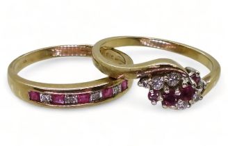 A 9ct gold ruby and diamond cluster ring, size S1/2, together with a ruby and diamond half
