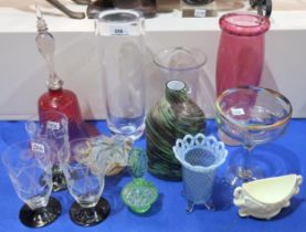 A collection of glass including a cranberry bell, three Art Deco lemonade glasses, an Orrefors