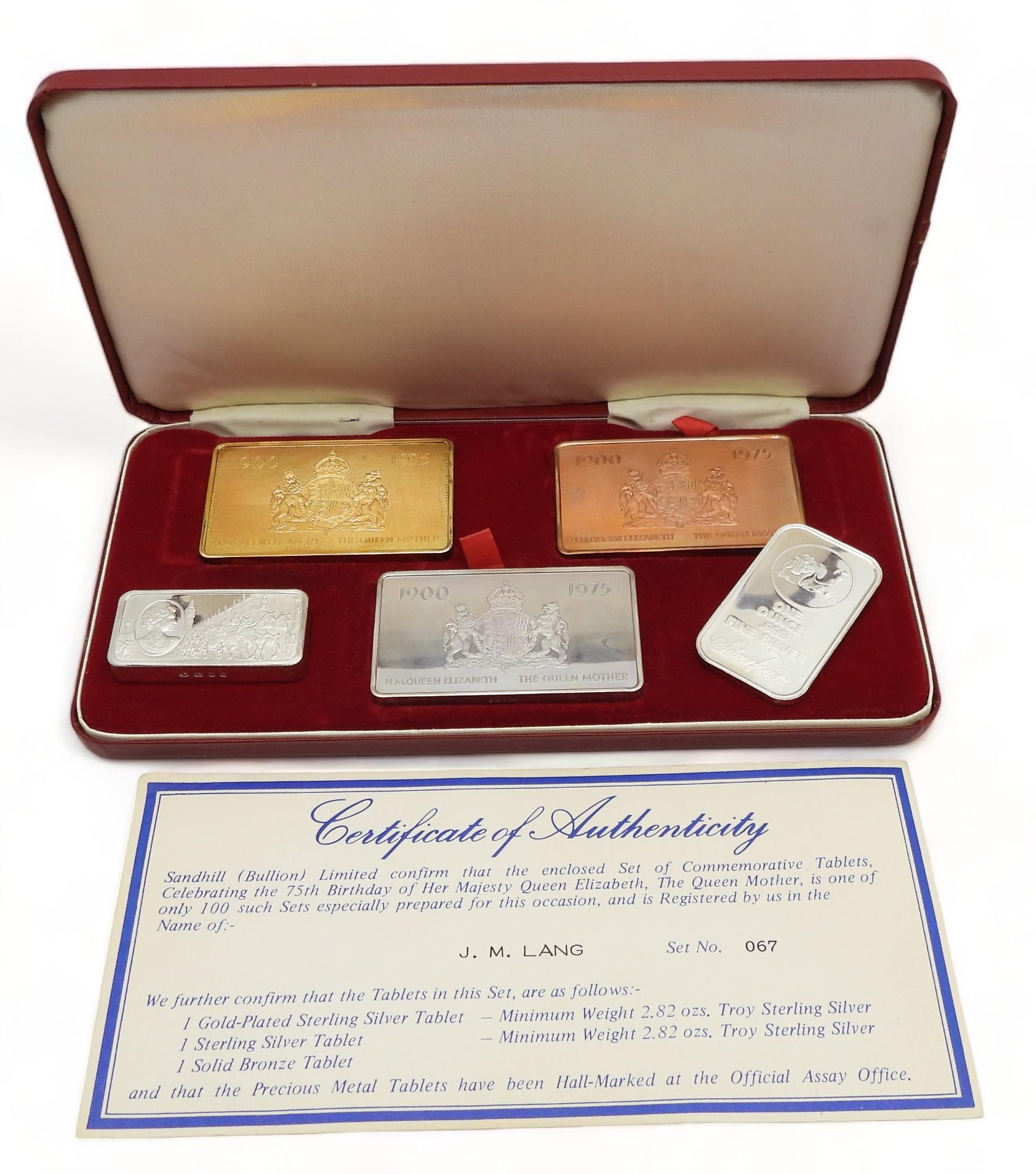 BULLION a lot comprising a cased set of commemorative tablets celebrating the 75th birthday of Her