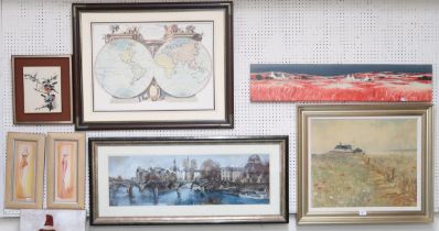 A mixed lot of assorted framed and unframed artworks to include Anthony Wall textured print (8)