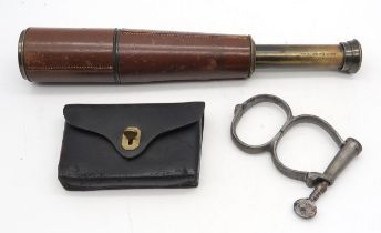 A Brass and leather-clad three-draw telescope by B.C. & Co. Ltd., retailed by W.W. Scott & Co., 5