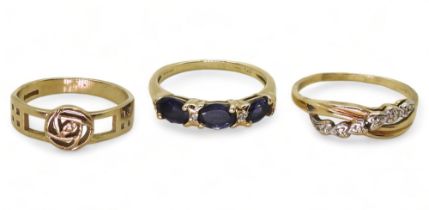 A 9ct gold iolite and diamond accent ring, size O1/2, together with a 9ct gold and diamond accent