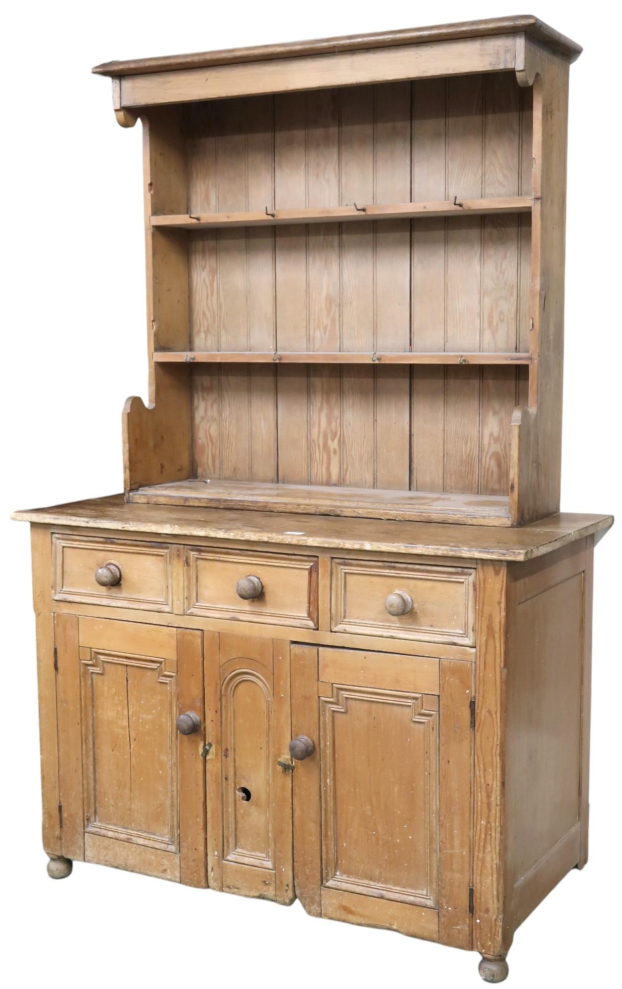 A lot comprising a Victorian pine kitchen cabinet with one long and on short drawers over pair of - Image 2 of 4