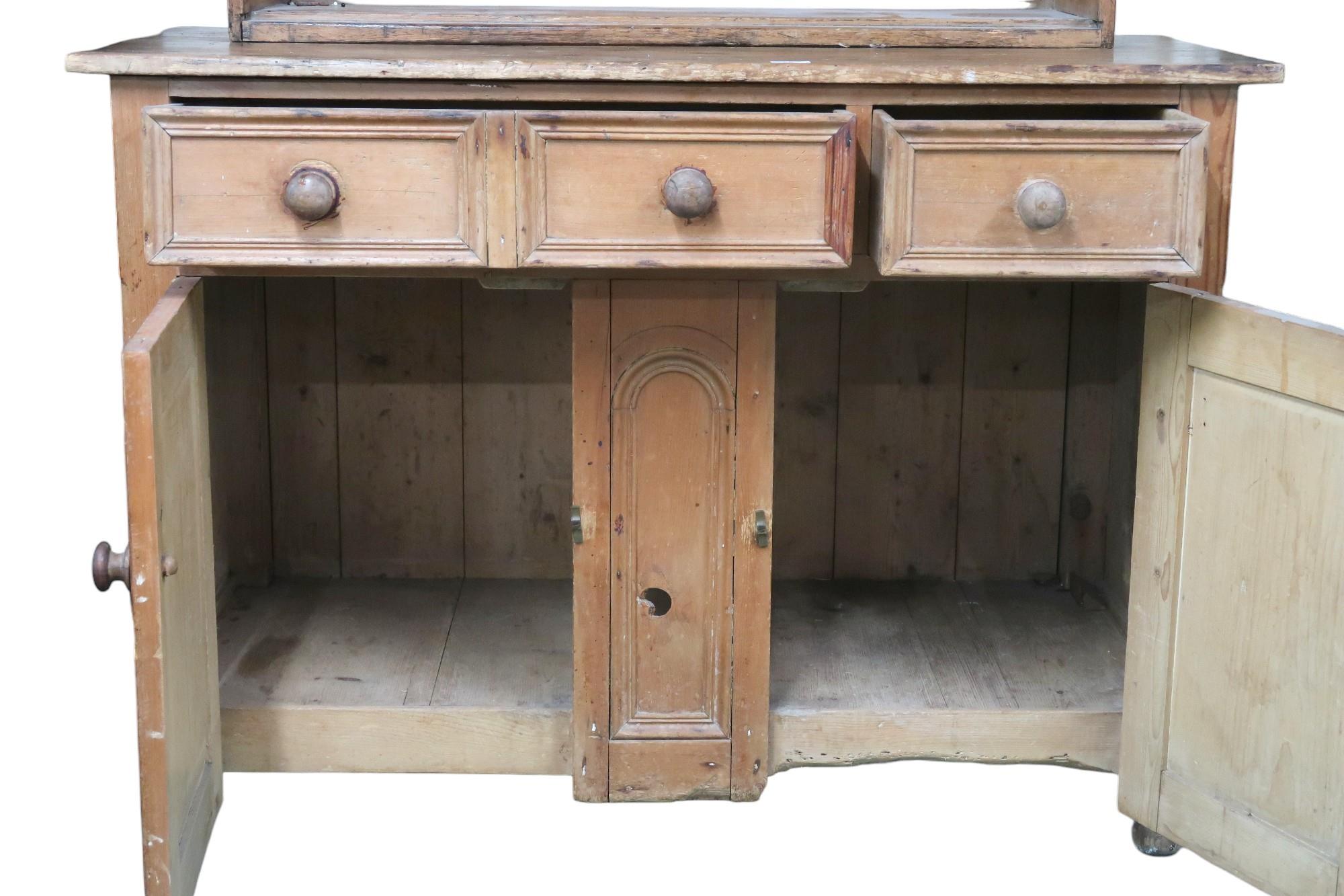 A lot comprising a Victorian pine kitchen cabinet with one long and on short drawers over pair of - Image 3 of 4