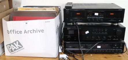 A lot comprising Denon stereo system with CD, cassette and radio tuner and an assortment of vinyl