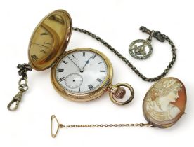 A gold plated Elgin pocket watch, together with a yellow metal mounted cameo brooch, with a white