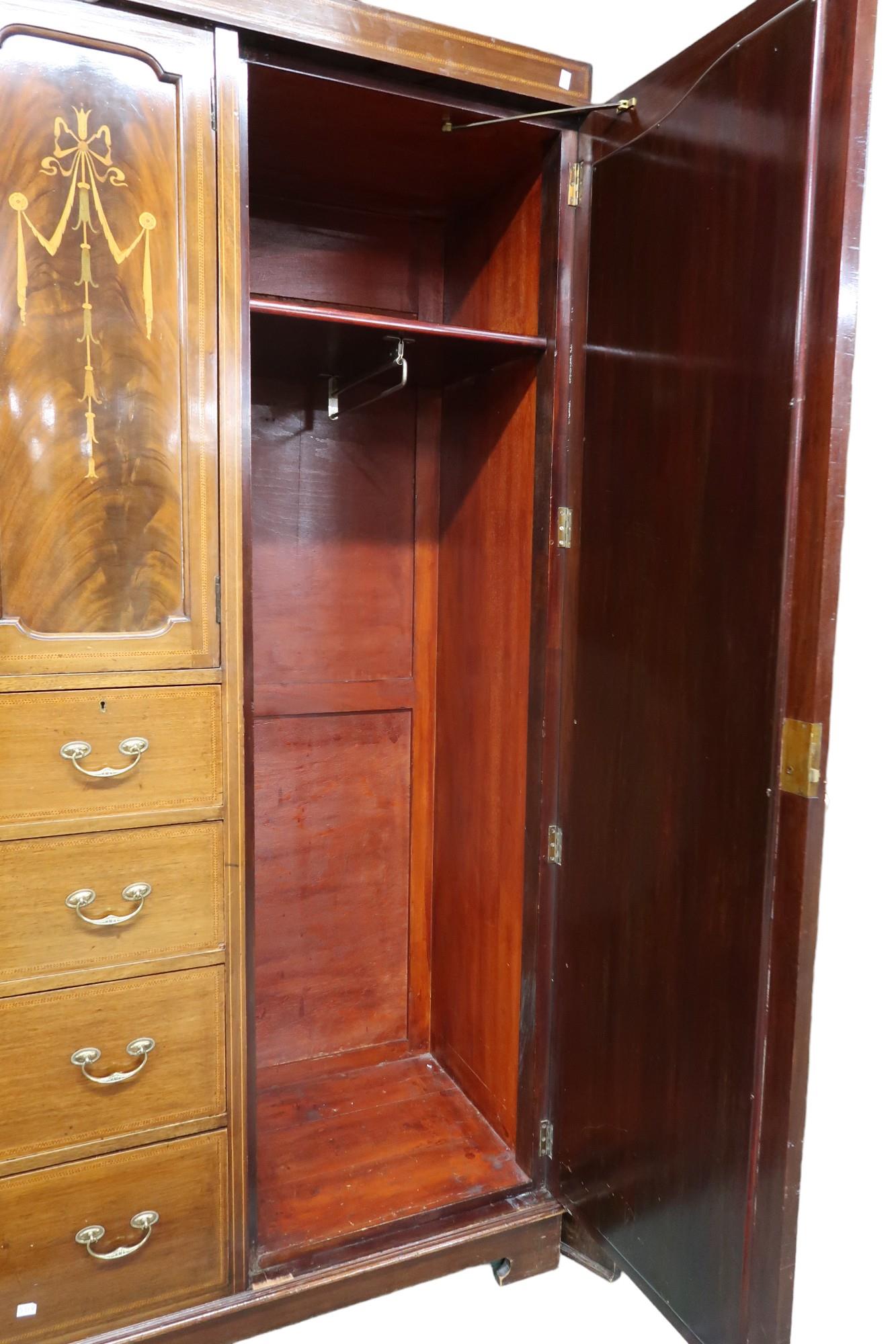 An Edwardian mahogany and satinwood inlaid compactum style wardrobe with pair of central cabinet - Image 5 of 5