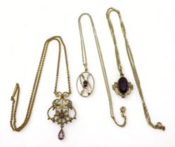 A 9ct gold garnet pendant and chain, length 44cm, a 9ct gold curb chain, length 46cm, weigh