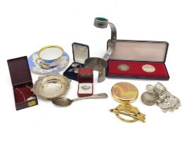 A collection including a silver dish, by Adie Brothers ltd, a La'aimant compact, a mesh purse, a