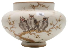 A Victoria glass vase decorated in relief with three owls sat on a branch Condition Report:Available