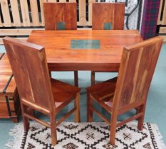 A contemporary mangowood and green soapstone inset dining table and four chairs, table with