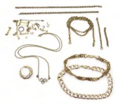 A collection of gold and yellow metal to include a curb chain bracelet, chains odd earrings etc,