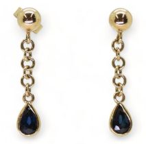 A pair of 9ct gold and sapphire drop earrings, weight together 1.8gms Condition Report:Available