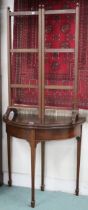 A lot comprising a 20th century mahogany demi lune fold over card table, 74cm high x 77cm wide x