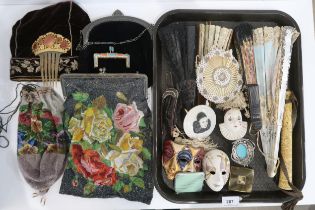 Assorted beaded bags and purses, an agate set hair comb, fans, a velvet cap etc  Condition Report: