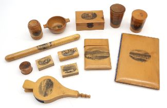 A collection of Mauchline ware largely depicting Glasgow and West Coast views, including Glasgow