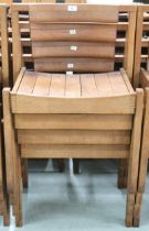 A lot of four 20th century teak stacking church seats with slatted seats on square supports, some