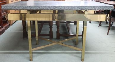 A 20th century ecclesiastical table with green marble top on brass base with plaque "In Loving