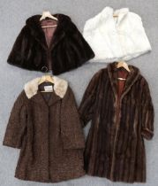 A cream fur shrug, a brown fur coat and jacket and a astrakhan coat Condition Report:Available